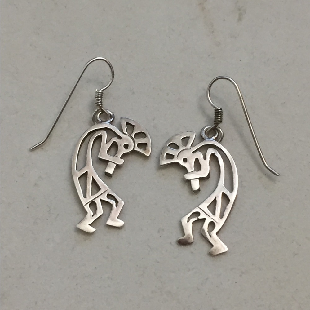 Signed dancing Kokopelli silver earrings